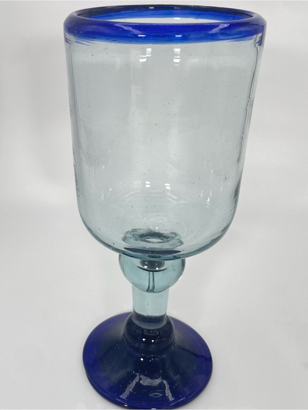Hand Blown Mexican Blue Rim Recycled Glass Wine Goblet Cobalt Stem